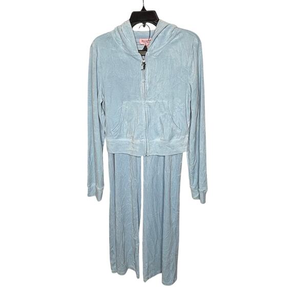 Juicy Couture Frost Blue Two Piece Velour Hooded Crop Tracksuit Set Medium New - Picture 1 of 15
